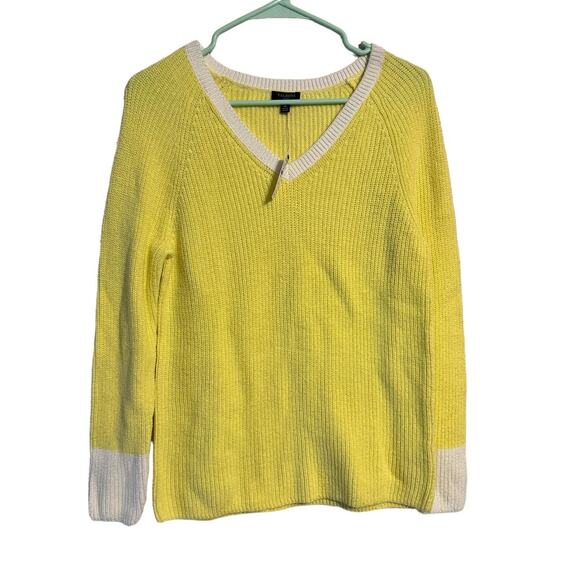 Talbots Lime Yellow Green V Neck Sweater Size Medium Petite NWT Cotton Knit - Picture 1 of 6